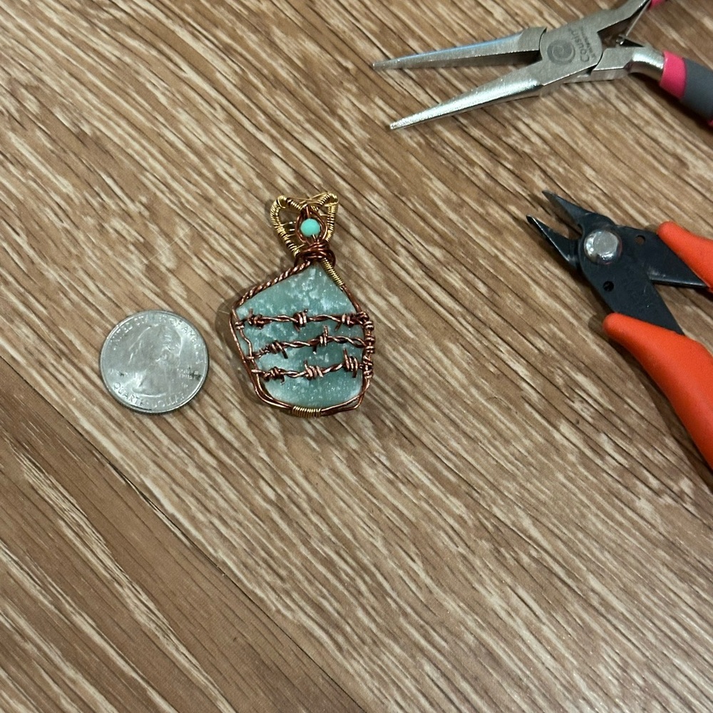 Handcrafted Wire-Wrapped Green Aventurine Stone “Barbed Wire” Pendant
